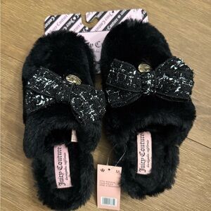 Juicy Couture Black Furry Slippers with Bow Accent
